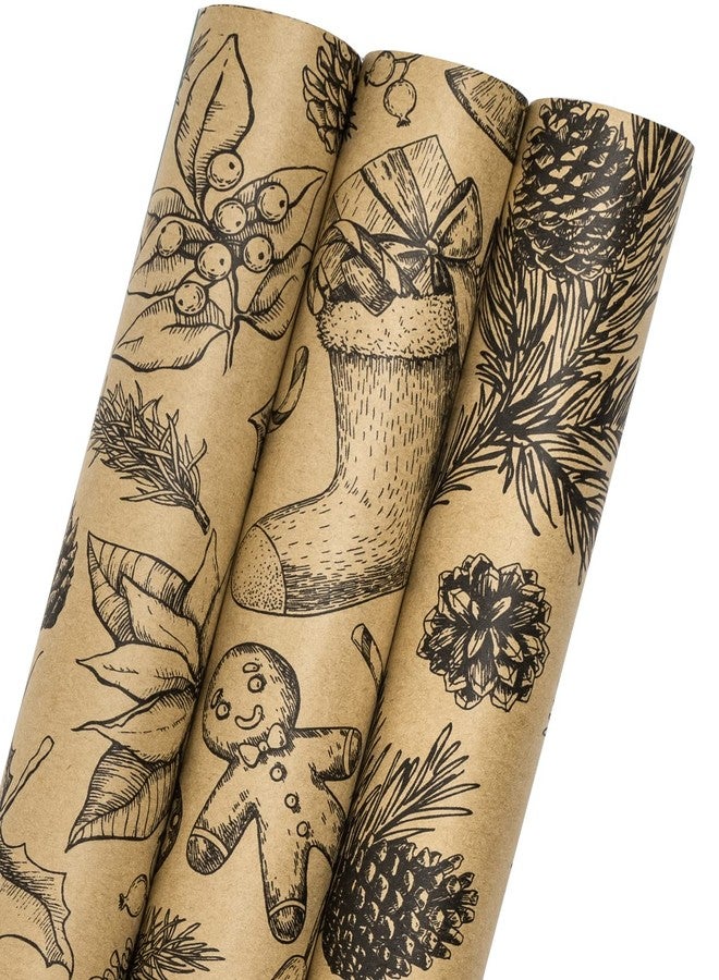 MAYPLUSS Kraft Christmas Wrapping Paper Roll - 3 Mini Roll -17in x120in Per roll,Kraft Vintage Wrapping Paper,Rustic Print for Party,Birthday,Baby Shower,Natural Paper Roll Design (42.3 sqft) - Image 1